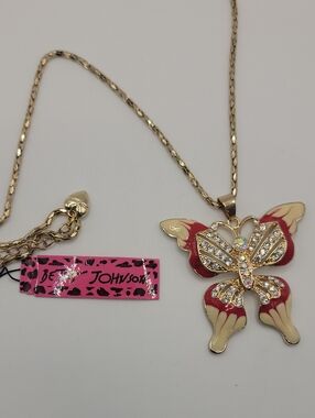 Betsey Johnson Gold Tone Butterfly Necklace with Red and Cream Enamel 28" Chain